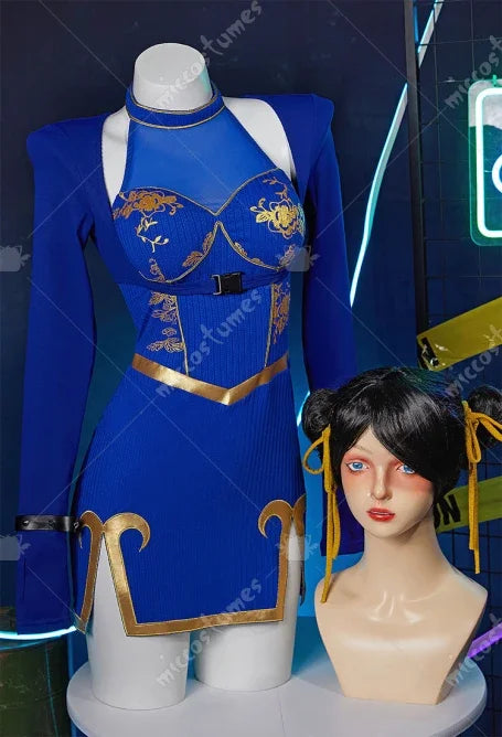 Chun Li Cosplay Costume Women Halter Dress Top Bracelets Hairband