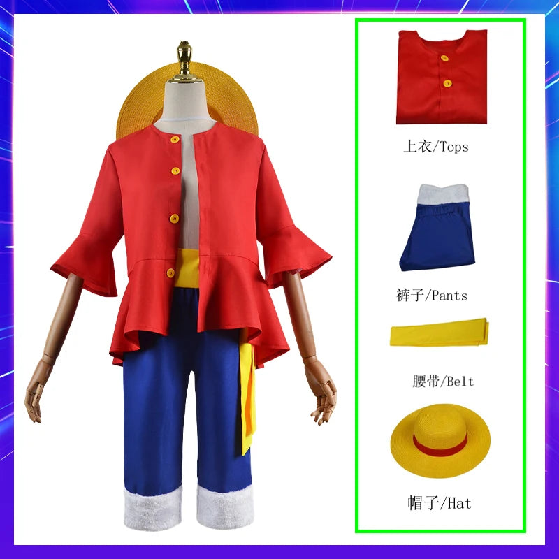 Luffy Cosplay Costume Monkey D Red Top Pants Hat For Adults Kids