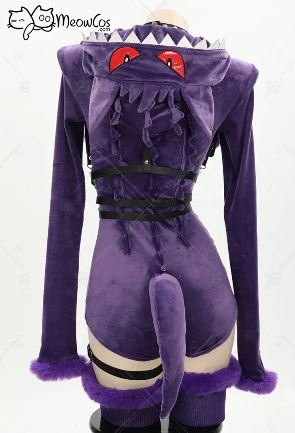 Meowcos Women Cosplay Bodysuit Purple Ghost Romper With Hood Tail