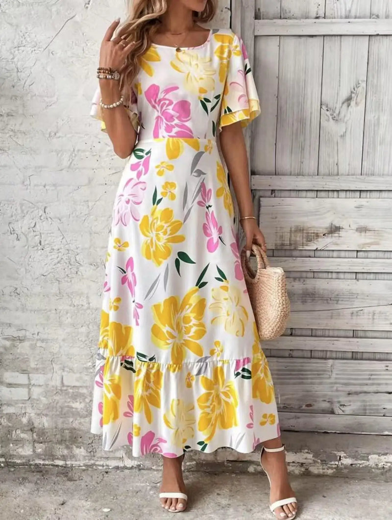 Women Maxi Dress Casual Printed O-neck Short Sleeve A-line Beach Dress