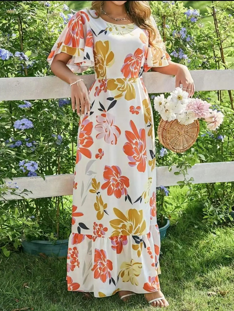 Women Maxi Dress Casual Printed O-neck Short Sleeve A-line Beach