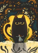 Black Cat Canvas Wall Art Moon Star Forest Cartoon Illustration