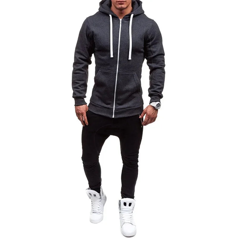 Mens Zip Hooded Sweatshirt Jacket Solid Colour Casual Lightweight Top