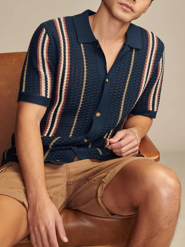 Men's Knitted Short Sleeve Shirt Casual Slim Fit Striped Lapel