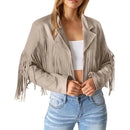 Women Faux Suede Leather Jackets Fringe Tassel Cropped Motorcycle Style