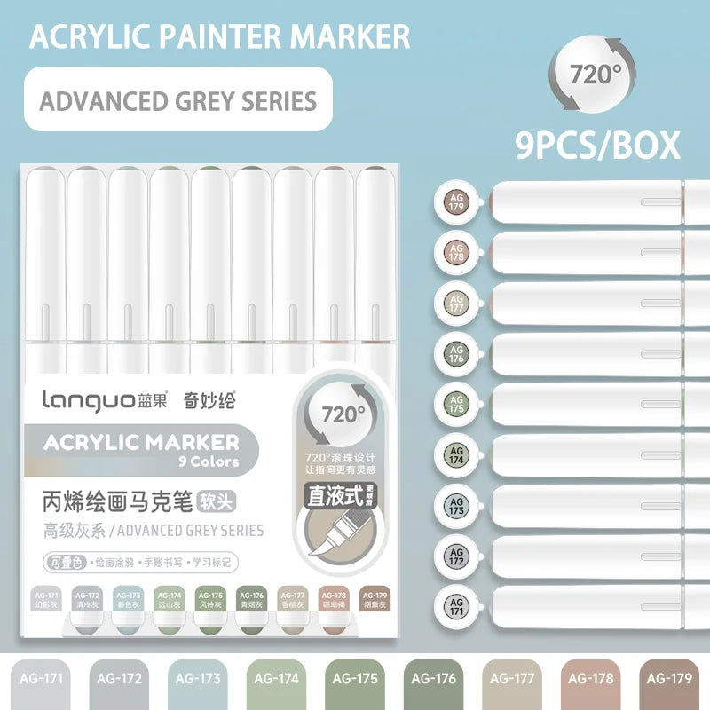 Languo 9pcs Acrylic Marker Pen Set Soft Brush Paint Pens For Art