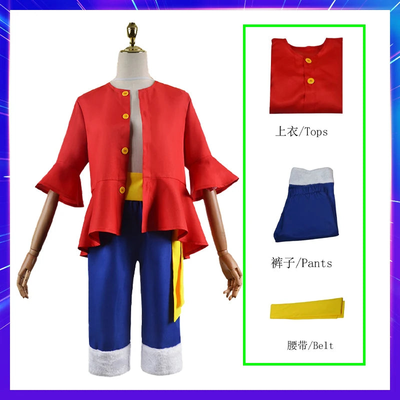 Luffy Cosplay Costume Monkey D Red Top Pants Hat For Adults Kids