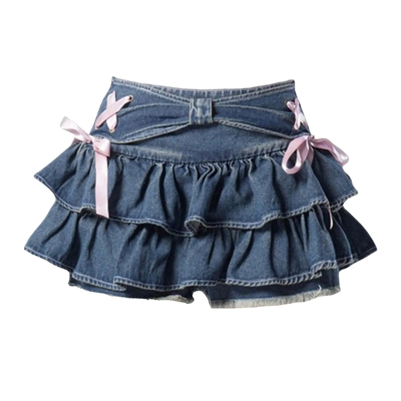 Women Mini Denim Skirt Vintage Y2k Ruffle Bow A-Line Jean Skirt