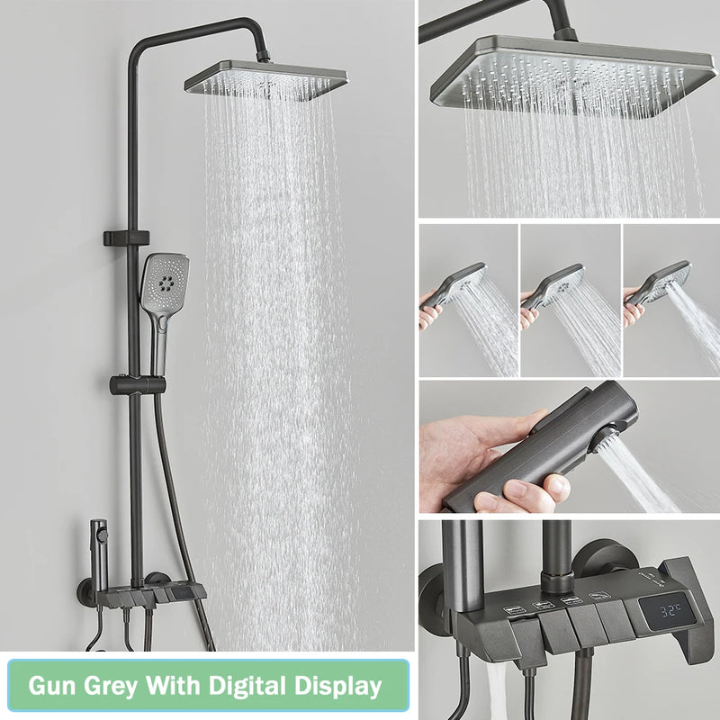 Rozin Black Digital Shower Faucet Set Rainfall Mixer Tap Bathroom