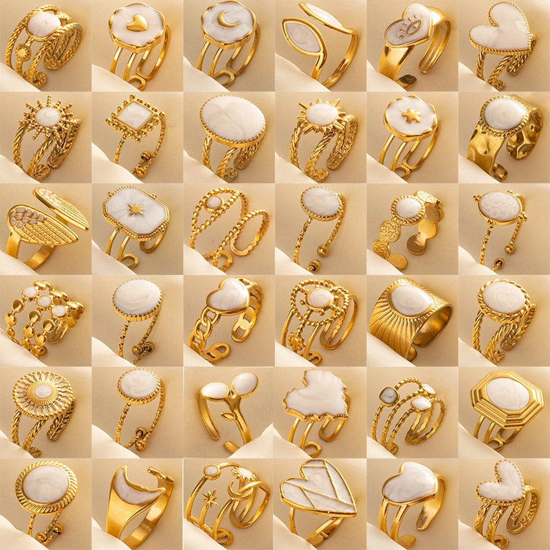 Bohemian Adjustable Stainless Steel Ring White Enamel Gold Color