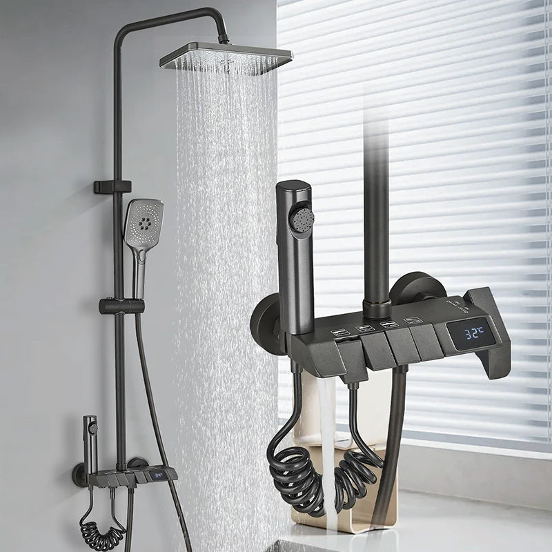 Rozin Black Digital Shower Faucet Set Rainfall Mixer Tap Bathroom