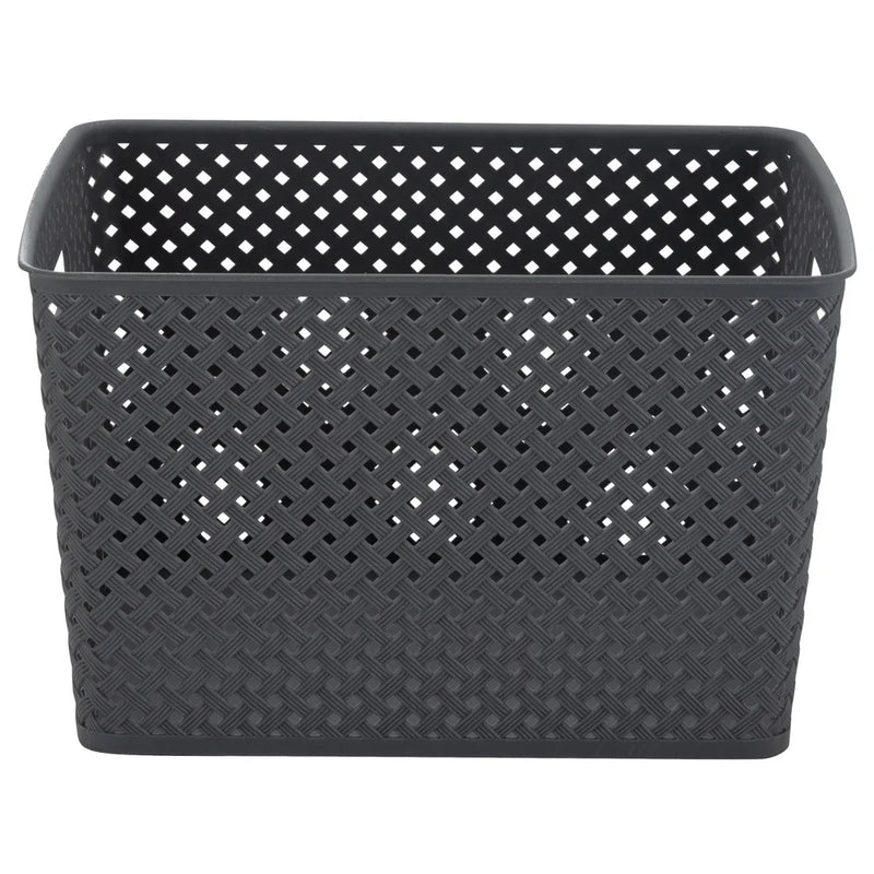 Large Gray Resin Wicker Storage Bin With Handles For Organizing