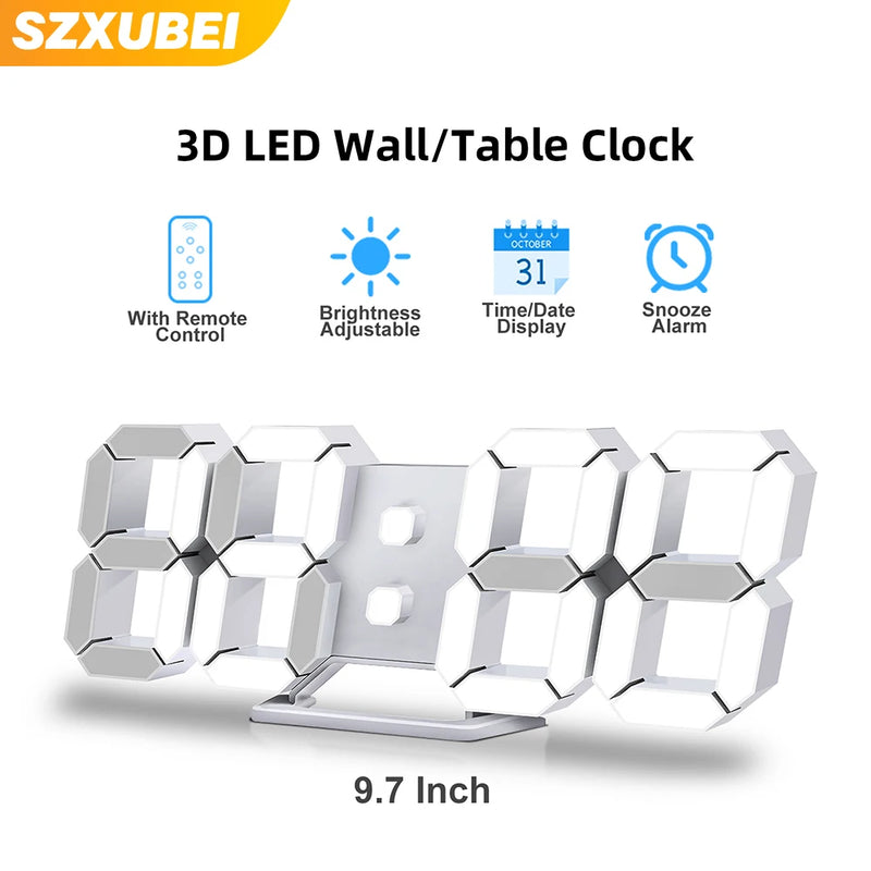 3D LED Wall Clock Digital Alarm Snooze Temperature Date Display