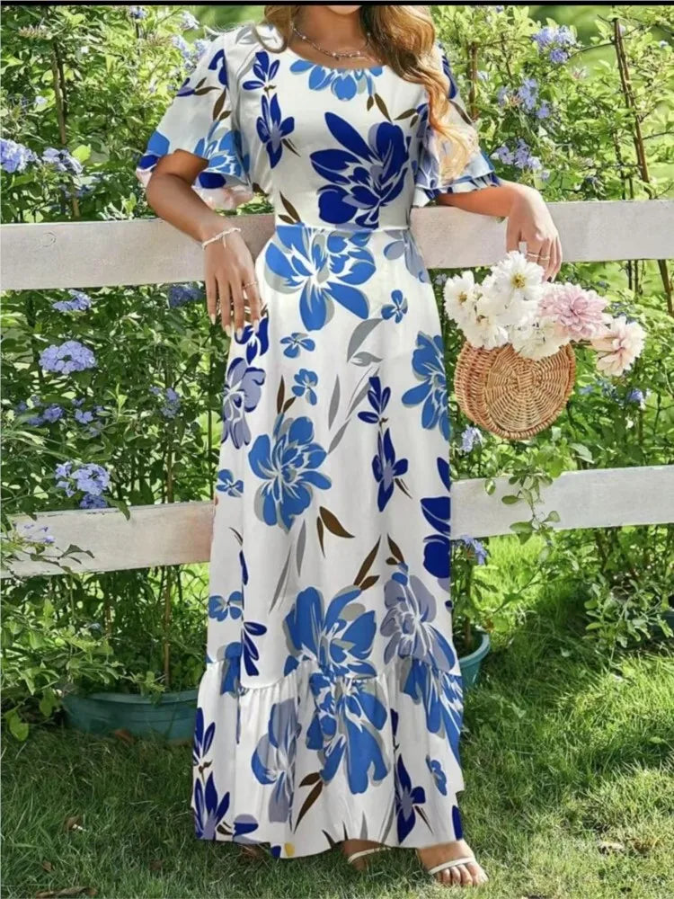 Women Maxi Dress Casual Printed O-neck Short Sleeve A-line Beach Dress
