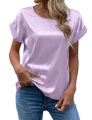 Women's Satin Shirt Short Sleeve Loose Casual Round Neck T-shirt