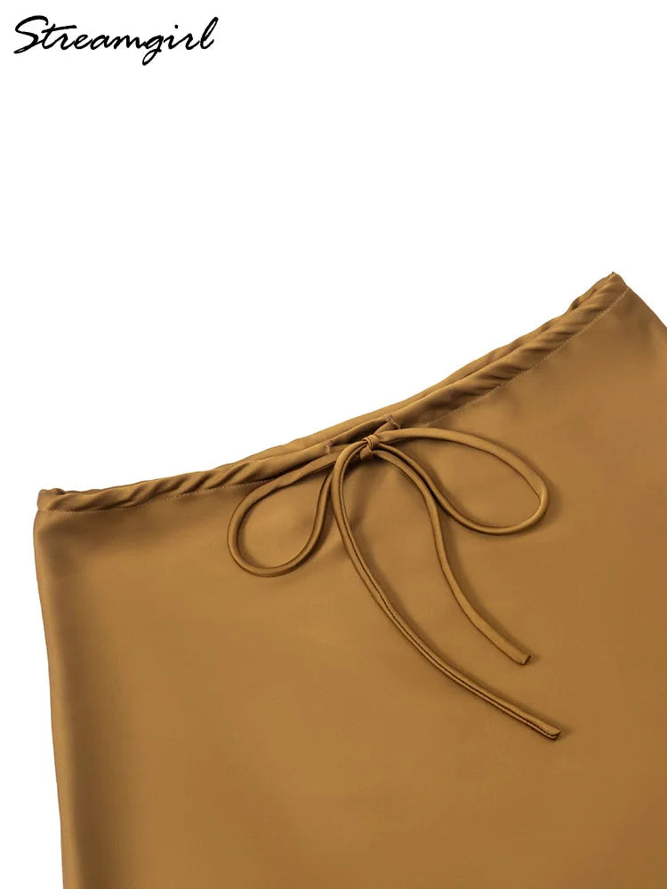 Satin Mini Skirt Women High Waist Drawstring A Line Summer Silk