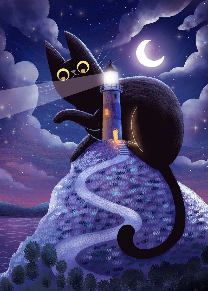 Black Cat Canvas Wall Art Moon Star Forest Cartoon Illustration