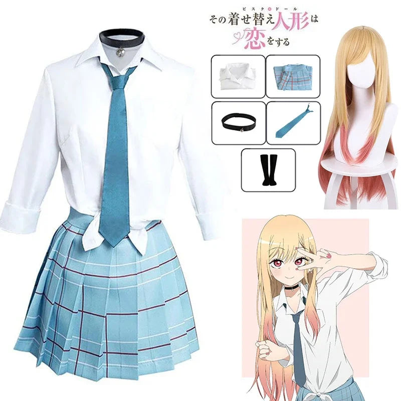 Kitagawa Marin Cosplay Costume School Uniform Wig Earrings Set Girls