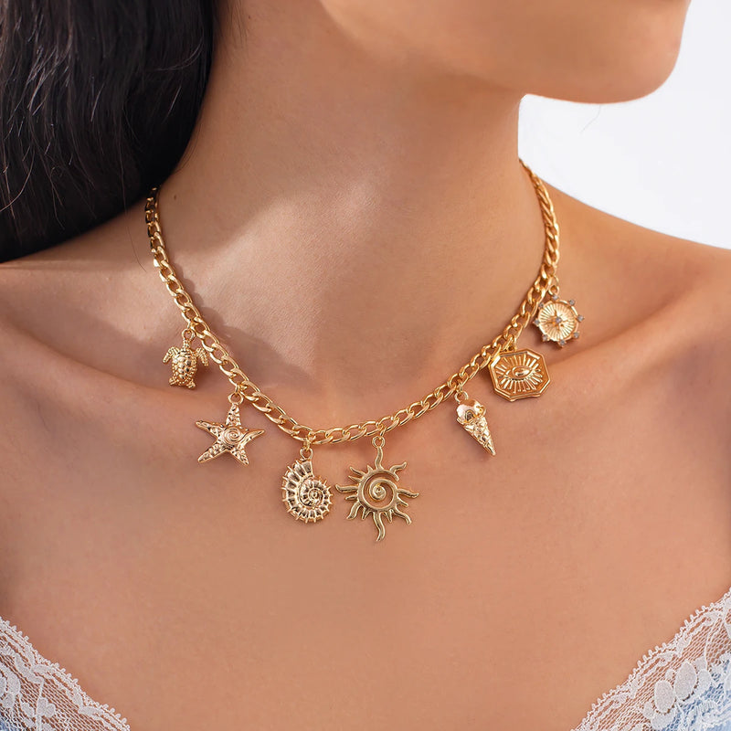 Salircon Gold Starfish Pendant Necklace Summer Beach Jewelry For Women