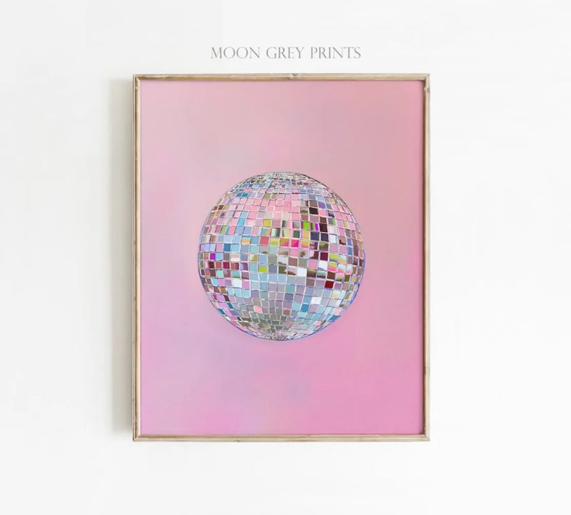 Silver Disco Ball Canvas Painting Pink Minimalist Wall Art Decor
