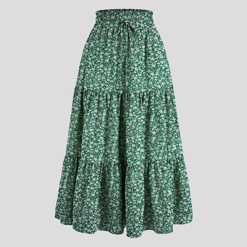 Boho Floral Maxi Skirt Elastic Waist Pleated Flowy Long Skirt