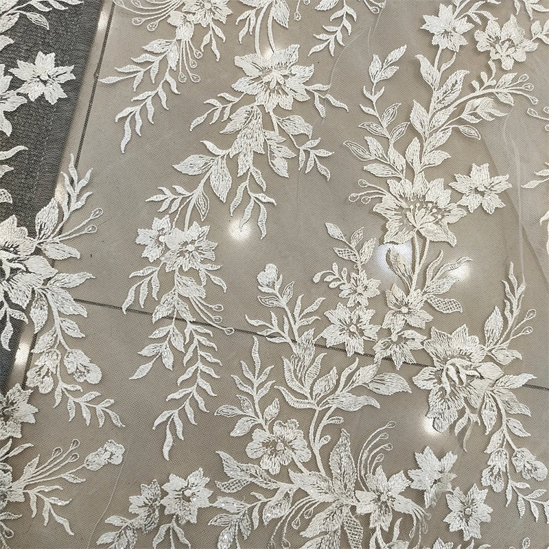 Off White Embroidery Mesh Lace Fabric For Evening Dress Sewing