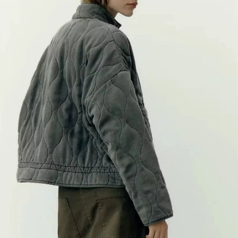 ZW Women's Cotton Jacket Vintage Quilted Coat High Collar Large Pockets
