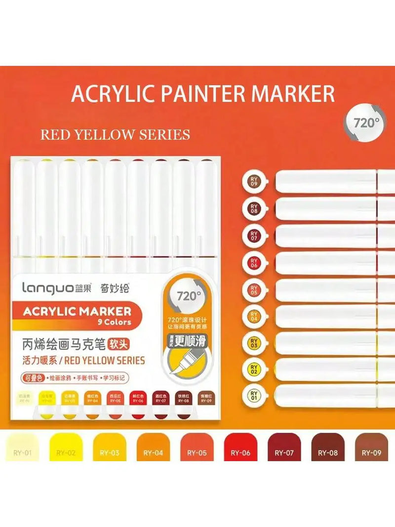 Languo 9pcs Acrylic Marker Pen Set Soft Brush Paint Pens For Art