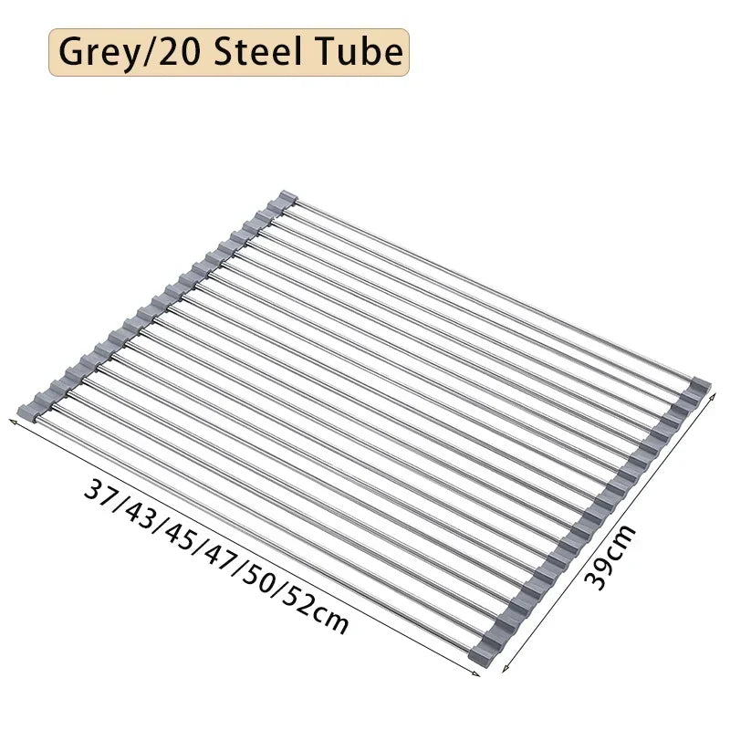 Kitchen Roller Shutter Drain Rack Stainless Steel Folding Dish Holder