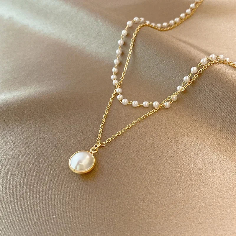 Women's Pearl Necklace Gold Beads Double Layer Chain Choker