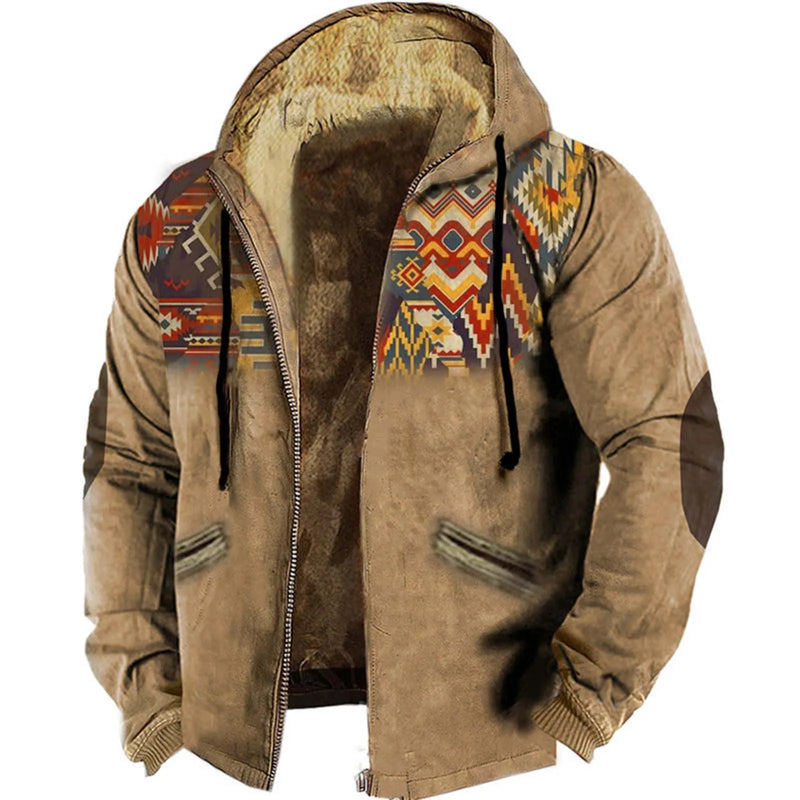 Winter Men’s Hooded Zipper Hoodie Jacket Vintage Lamb Wool Fleece Lined