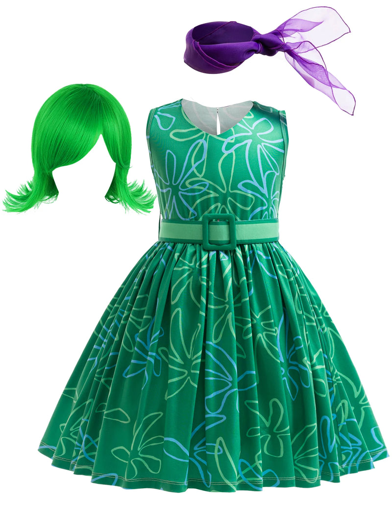 Girls Halloween Costume Set Sleeveless Floral Skirt Belt Scarf Wig