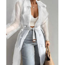 Women's Mesh Overcoat Lightweight Long Sleeve Buttoned Belted Coat