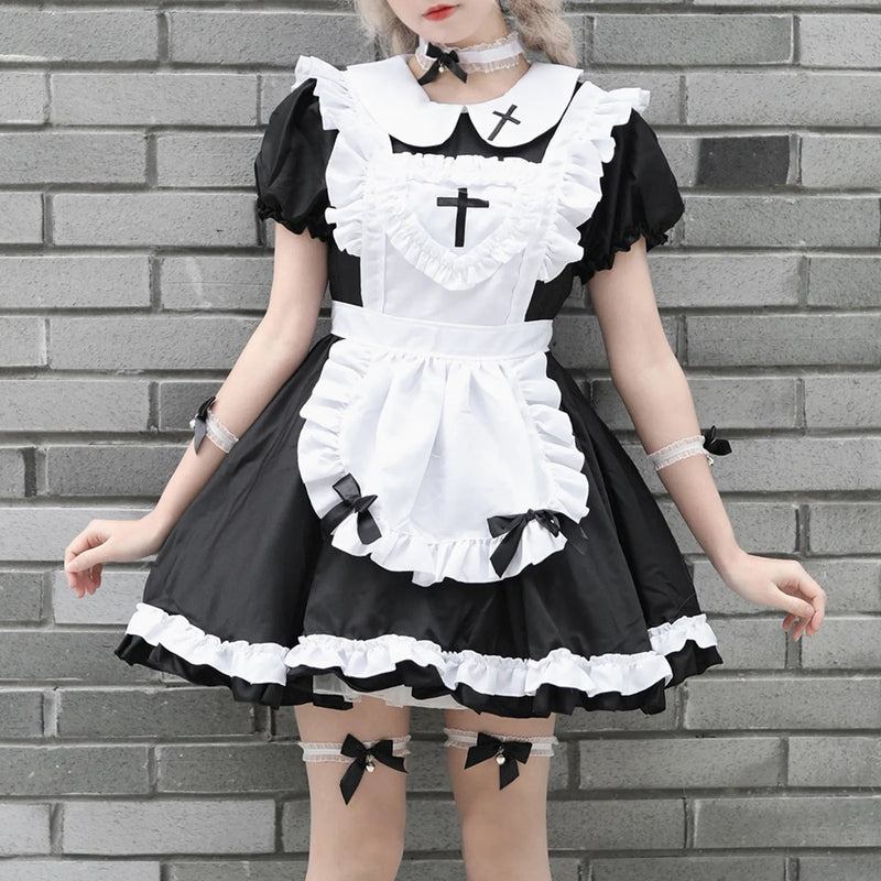 Maid Cosplay Costume Black Lolita Dress Short Sleeved Sweetheart