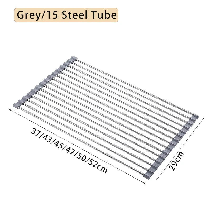 Kitchen Roller Shutter Drain Rack Stainless Steel Folding Dish Holder