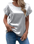 Women's Satin Shirt Short Sleeve Loose Casual Round Neck T-shirt