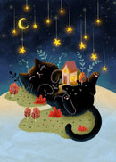 Black Cat Canvas Wall Art Moon Star Forest Cartoon Illustration