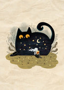 Black Cat Canvas Wall Art Moon Star Forest Cartoon Illustration