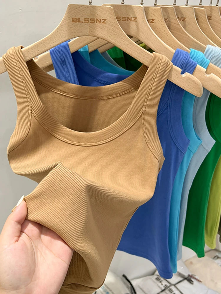 Zjaiss Women Ribbed Tank Top Solid Round Neck Stretchy Camisole