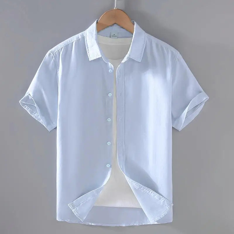 Men's Short-Sleeved Shirt Cotton Linen Casual Stand Collar Plus Size