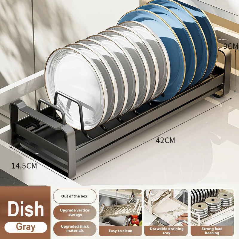 Pull Out Cabinet Shelf Stainless Steel Plate And Bowl Rack Organizer