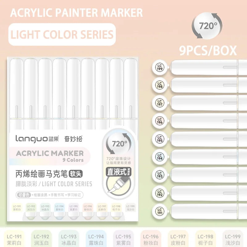 Languo 9pcs Acrylic Marker Pen Set Soft Brush Paint Pens For Art
