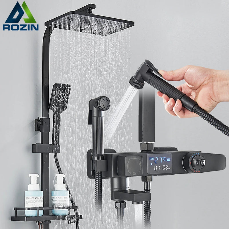 Black Digital Thermostatic Shower Faucet Rainfall Mixer Tap With Shelf