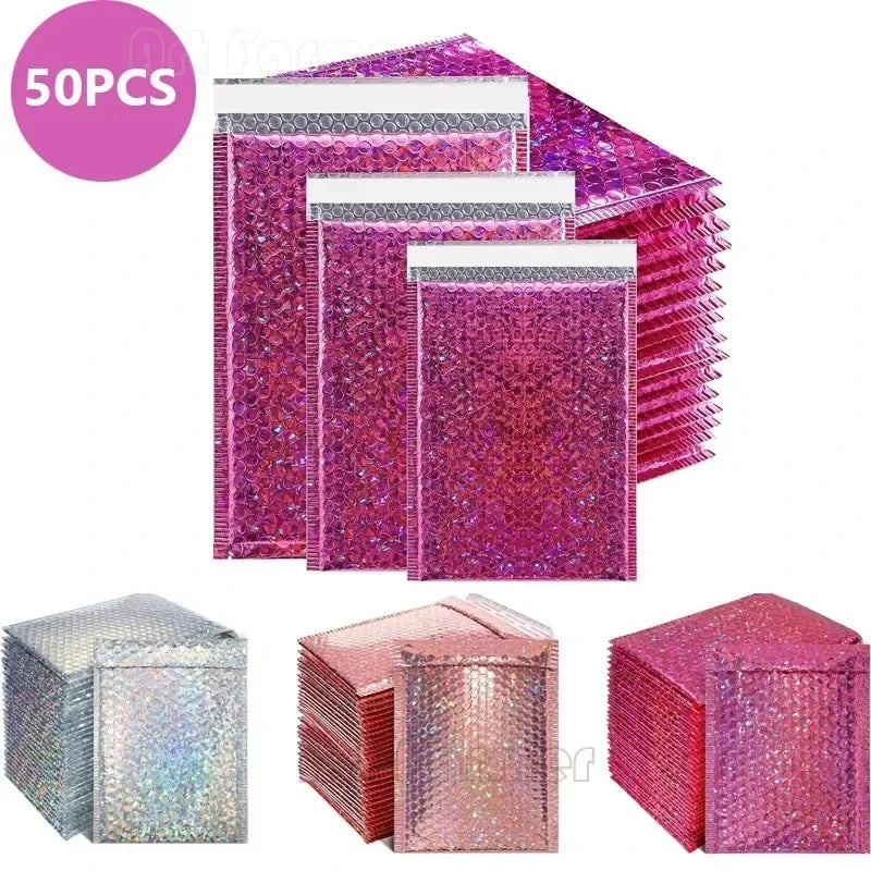 50Pcs Holographic Bubble Mailer Rose Red Padded Envelopes For Shipping