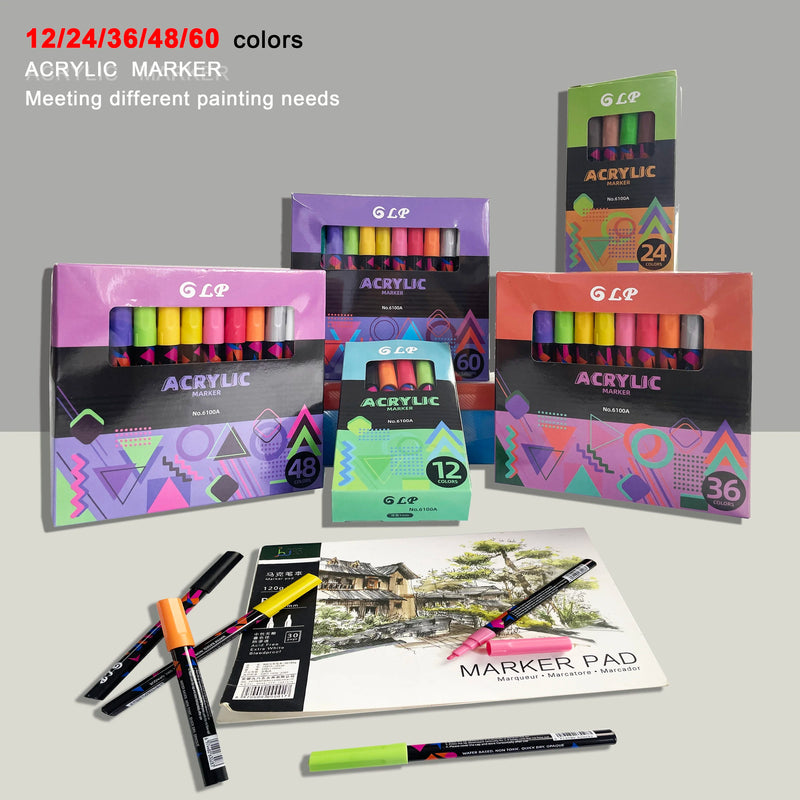12-60 Colors Acrylic Paint Markers Pen 1-2mm Valve For Painting