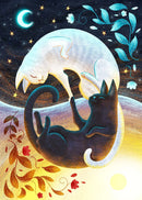 Black Cat Canvas Wall Art Moon Star Forest Cartoon Illustration