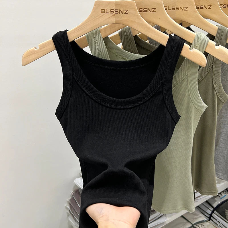 Zjaiss Women Ribbed Tank Top Solid Round Neck Stretchy Camisole
