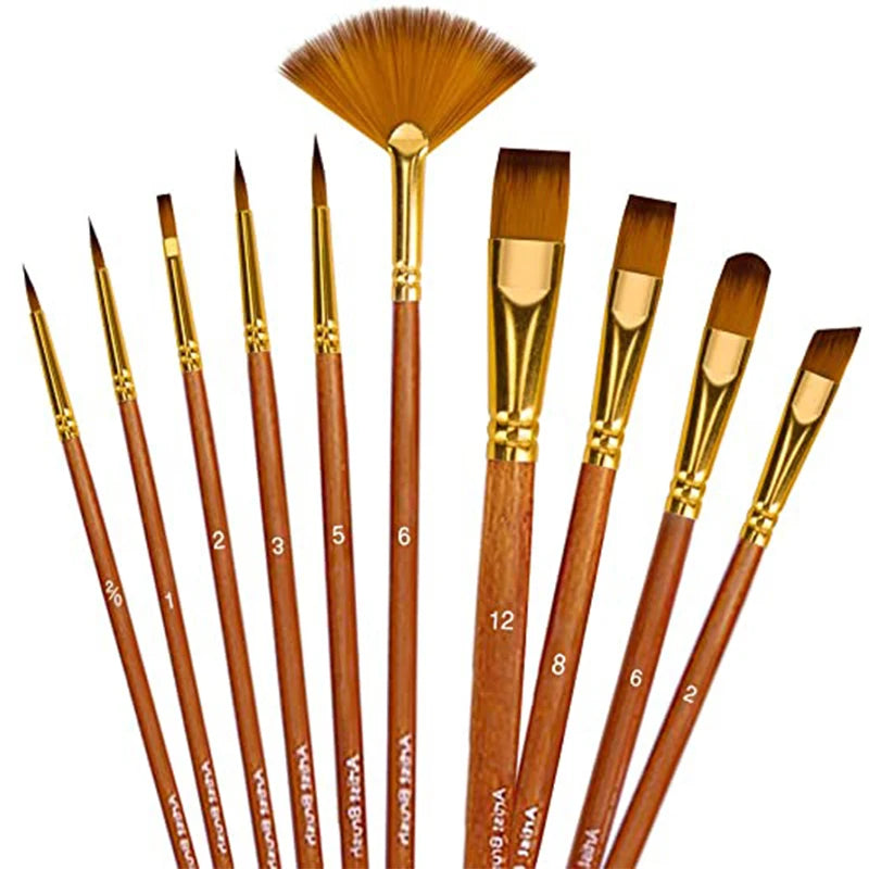 10Pcs Nylon Paint Brushes Set For Acrylic Oil Watercolor Painting