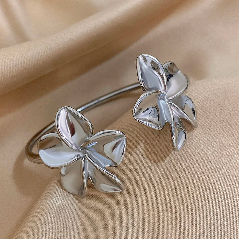 Greatera Stainless Steel Flower Cuff Bracelet Gold Floral Bangle Women