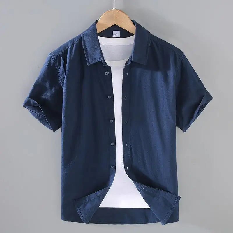 Men's Short-Sleeved Shirt Cotton Linen Casual Stand Collar Plus Size